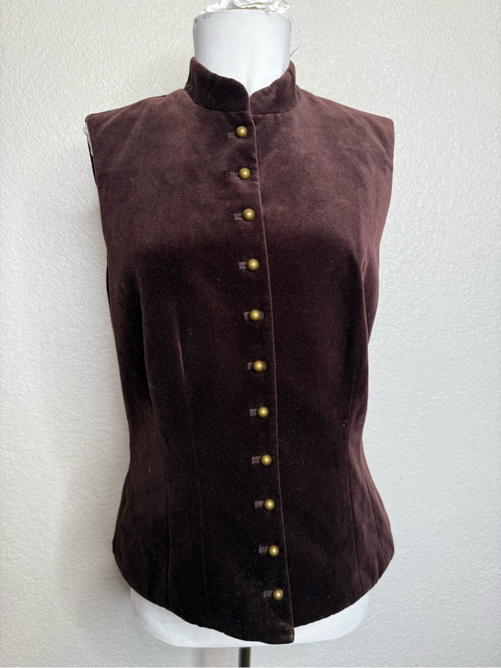 Ralph Lauren Sleeveless Velvet Mandarin Collar Button-Front Top - Brown